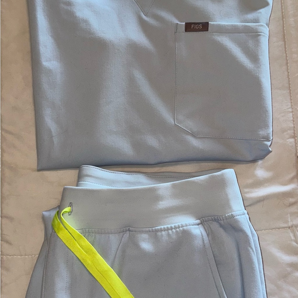 Figs Sky Blue Scrub Set with Bright Yellow Accent